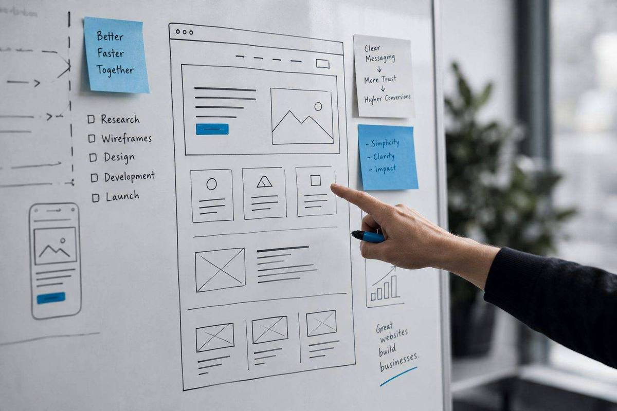 Website wireframe and strategy on a whiteboard