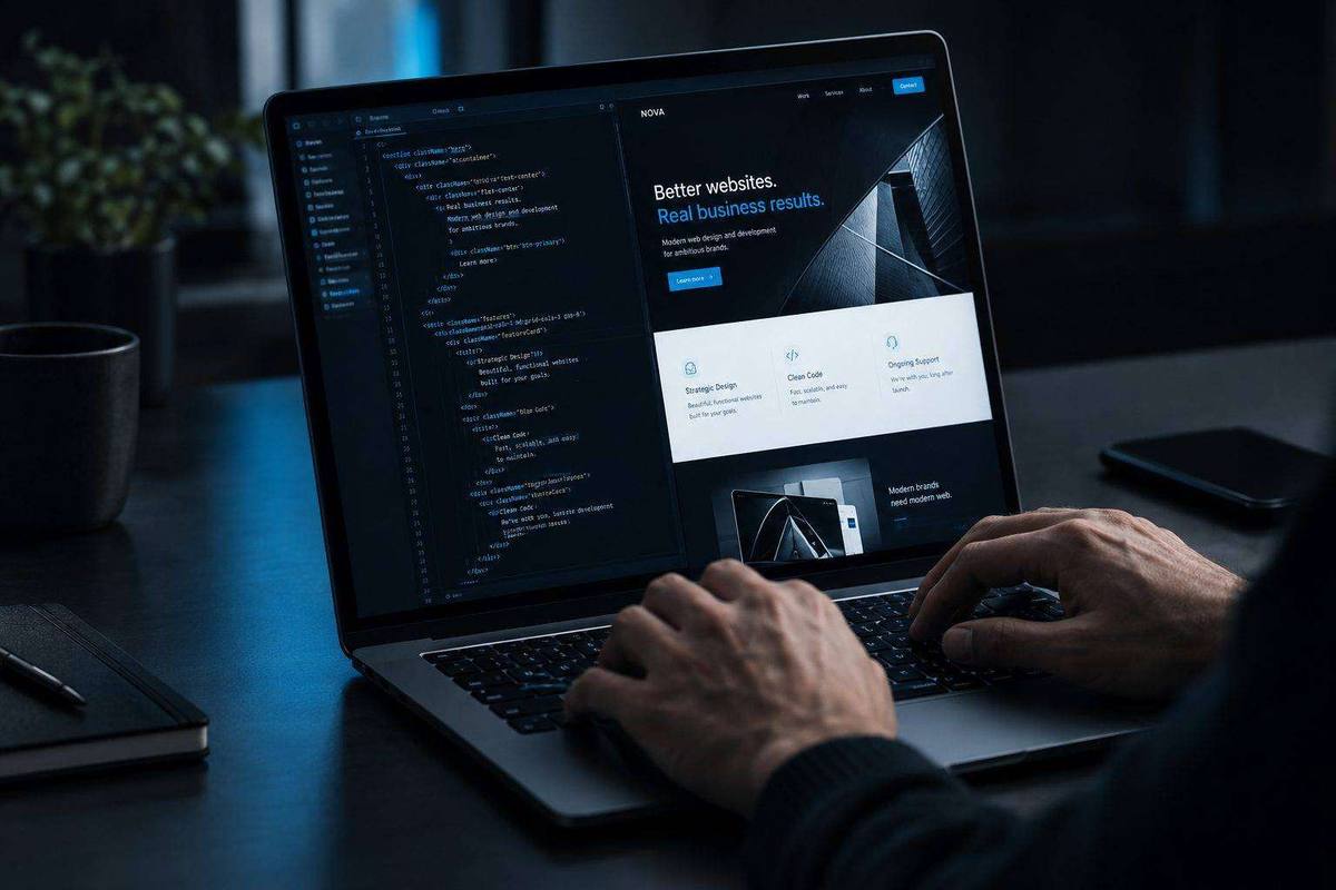 Designer building a website, code and design preview on screen